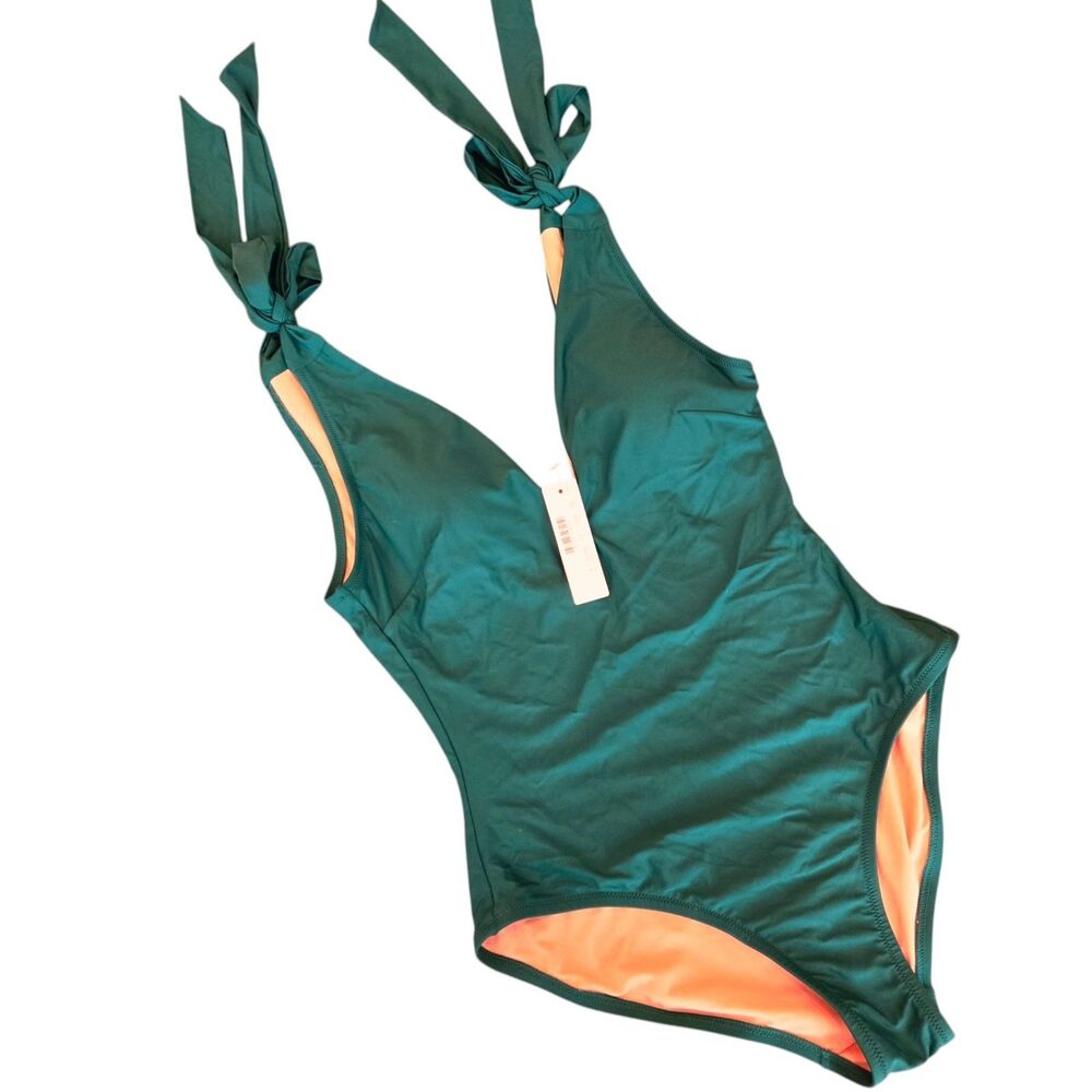 J. Crew Tie Shoulder One Piece Swimsuit Womens 8 Deep V Green Vacation Beach New